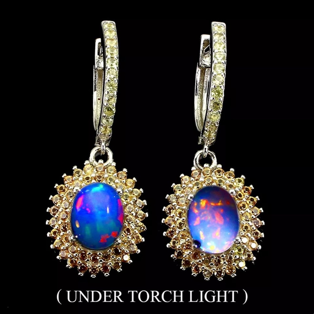 Natural Unheated Oval Fire Opal 8x6mm Sapphire 925 Sterling Silver Earrings
